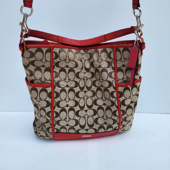 Coach Park Signature Hobo Convertible Shoulder Top Zip Khaki Vermillion Large - Picture 15 of 15